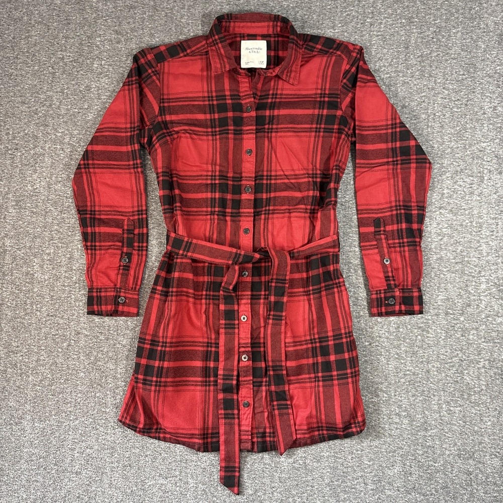 Abercrombie & Fitch Shirt Dress Flannel Belted Long Sleeve Red Black, Size XSP